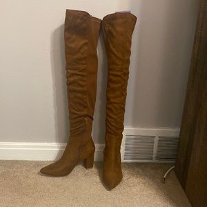 Brown, suede, forever 21 thigh high boots with a small heel. Never worn